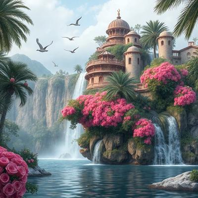 Primary subject: A beautifully painted waterfall with a castle in the background.

Setting/background: The waterfall is surrounded by a lush green forest, and the castle is situated on a hill.

Visual style: The image is a digital artwork, featuring a vibrant color palette and intricate details.

Colors and mood: The scene is dominated by shades of pink, red, and green, creating a serene and enchanting atmosphere.